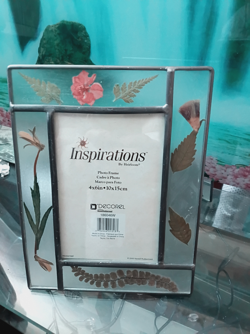 Floral Glass Photo Frame - Clear with Green & Pink Accents